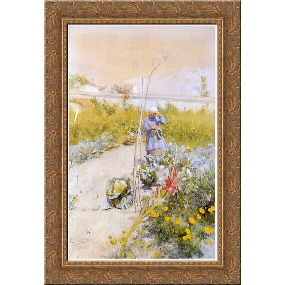 In the Kitchen Garden 24x16 Gold Ornate Wood Framed Canvas Art by Carl Larsson