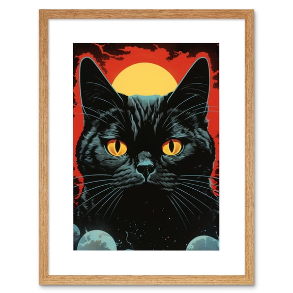 In the Shadow of the Celestial Black Cat Vintage Pulp Art Sci-Fi Cover Artwork Red Yellow Blue Solar Eclipse Artwork Framed Wall Art Print 9X7 Inch