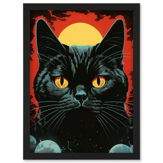 In the Shadow of the Celestial Black Cat Vintage Pulp Art Sci-Fi Cover Artwork Red Yellow Blue Solar Eclipse Artwork Framed Wall Art Print A4