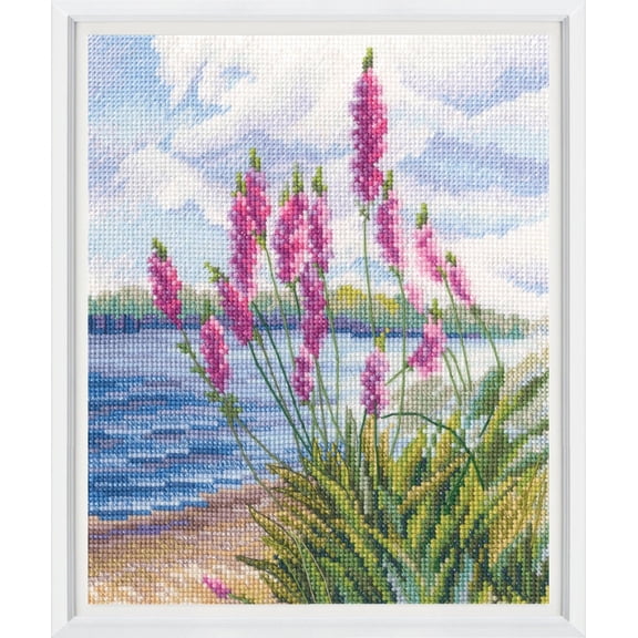 Wizardi Counted Cross Stitch Kit in The Moment M994 - Pink Beach Fantasy Design, 16ct White Zweigart Aida DMC 44 Colors Floss, Needle, Chart, 6.1x7.48 Kit for Adults RTO