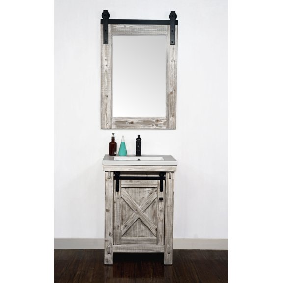 InFurniture 24 in. Rustic Solid Fir Barn Door Style Vanity in White Wash with Ceramic Single Sink - No Faucet - 24 x 34 x 18.5 in.