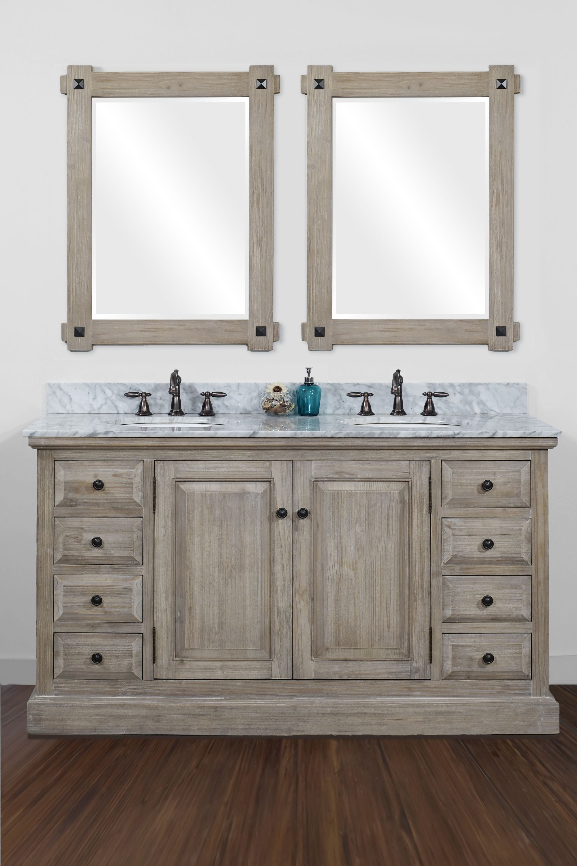 InFurniture 60"SOLID WOOD SINK VANITY WITH CARRERA WHITE MARBLE TOP AND ROUND SINKS-NO FAUCET