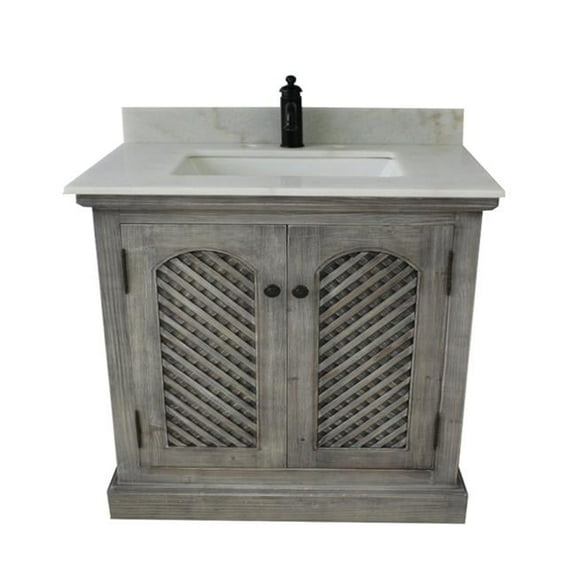 36" RUSTIC SOLID FIR SINGLE SINK VANITY IN GREY DRIFTWOOD WITH ARCTIC PEARL QUARTZ MARBLE TOP-NO FAUCET