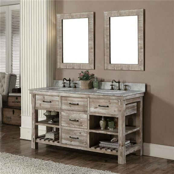 InFurniture WK8260-CW TOP 60 in. Rustic Solid Fir Double Sink Vanity With Carrara White Marble Top-No Faucet