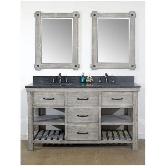 InFurniture WK8260-G-WK TOP 60 in. Rustic Solid Fir Double Sink Vanity in Grey Driftwood With Limestone Top-No Faucet