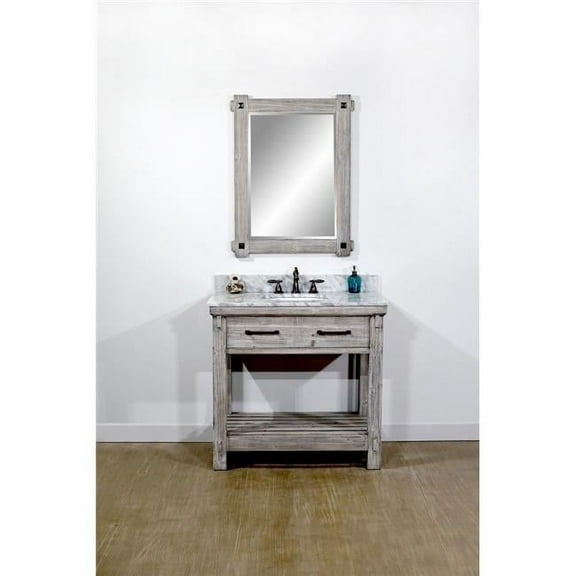 36"RUSTIC SOLID FIR SINGLE SINK VANITY IN GREY DRIFTWOOD WITH CARRARA WHITE MARBLE TOP-NO FAUCET