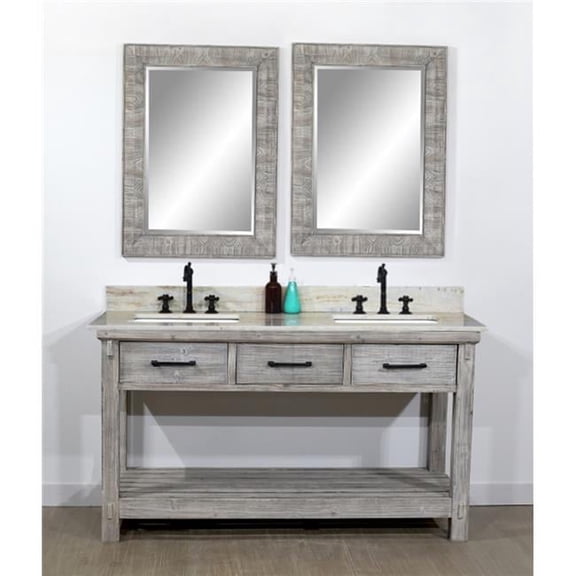 InFurniture WK8460-G-CS SQ TOP 60 in. Rustic Solid Fir Double Sink Vanity in Grey Driftwood With Coastal Sands Marble Top With Rectangular Sink-No Faucet