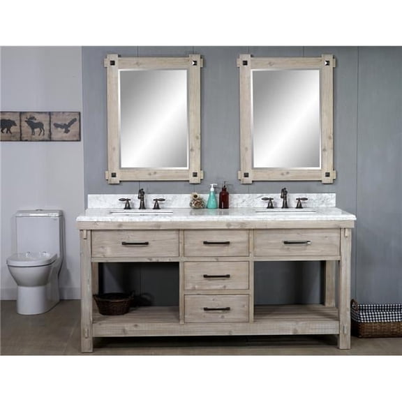 InFurniture WK8472-CW SQ TOP 72 in. Rustic Solid Fir Double Sink Vanity With Rectangular Sink & Carrara White Marble Top Beveled Edge-No Faucet