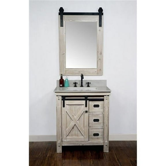 InFurniture WK8530-AP TOP 30 in. Rustic Solid Fir Barn Door Style Single Sink Vanity with Arctic Pearl Quartz Marble Top, Driftwood - No Faucet - 31 x 34.6 x 22 in.