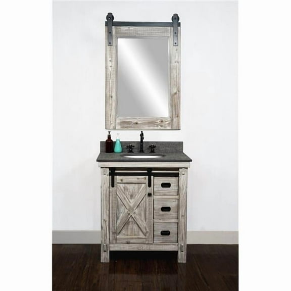 InFurniture WK8530-W-MG TOP 30 in. Rustic Solid Fir Barn Door Style Single Sink Vanity in White Wash with Rustic Style Polished Textured Surface Granite Top in Matte Grey - No Faucet - 31 x 34.6 x 22