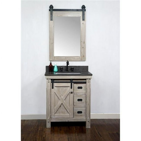 InFurniture WK8530-WK SQ TOP 30 in. Rustic Solid Fir Barn Door Style Single Sink Vanity with Limestone Top with Rectangular Sink, Driftwood - No Faucet - 31 x 34.6 x 22 in.