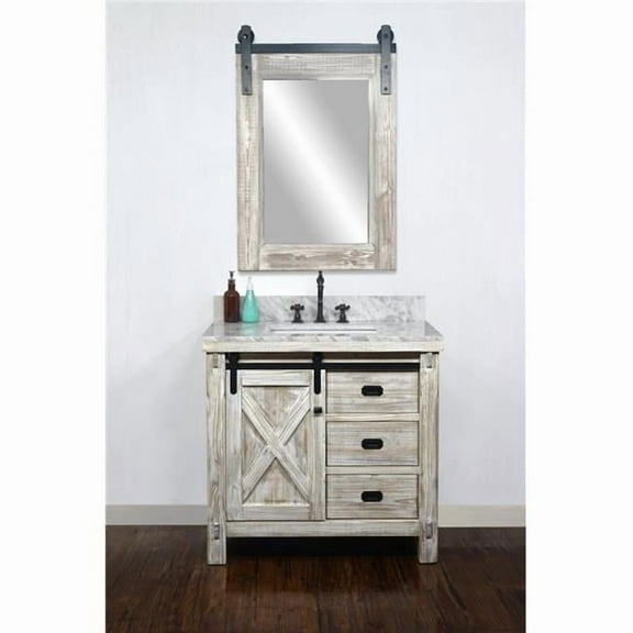 InFurniture WK8536-W-CW SQ TOP 36 in. Rustic Solid Fir Barn Door Style Single Sink Vanity in White Wash with Carrara White Marble Top with Rectangular Sink - No Faucet - 37 x 34.6 x 22 in.