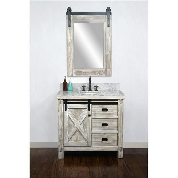InFurniture WK8536-W-AP TOP 36 in. Rustic Solid Fir Barn Door Style Single Sink Vanity in White Wash with Arctic Pearl Quartz Marble Top - No Faucet - 37 x 34.6 x 22 in.