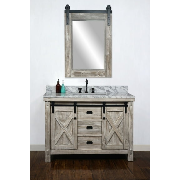 InFurniture WK8548-W-CW SQ TOP 48 in. Rustic Solid Fir Barn Door Style Single Sink Vanity in White Wash with Carrara White Marble Top with Rectangular Sink - No Faucet - 49 x 34.6 x 22 in.
