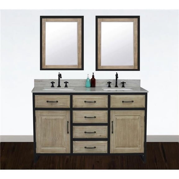 60"RUSTIC SOLID FIR DOUBLE SINK IRON FRAME VANITY WITH LIMESTONE TOP-NO FAUCET