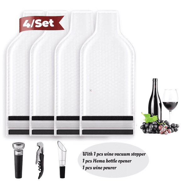 Sykixib 4-Pack Reusable Wine Bottle Protectors Wine Bags for Travel with Wine Accessories - Vacuum Stopper, Corkscrew, Pourer