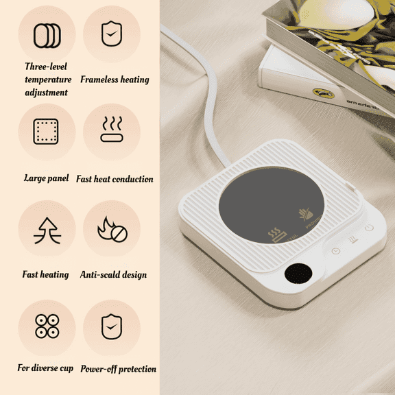 Sykixib Smart Mug Warmer with Timer - 3 Temperature Settings & 6 Auto Shut-Off Options for Coffee, Tea, and Beverages, White