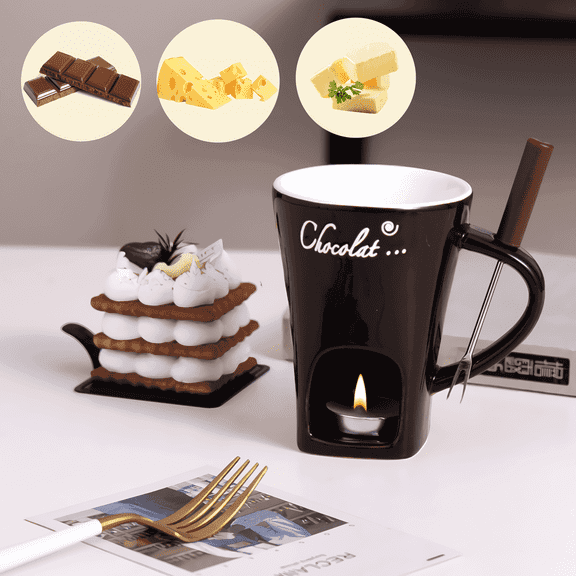 Sykixib Chocolate Melting Cup Set Ceramic Fondue Mug with Candle & Forks for Cheese, Chocolate & Date Nights Brown