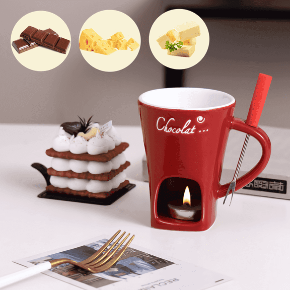 Sykixib Chocolate Melting Cup Set Ceramic Fondue Mug with Candle & Forks for Cheese, Chocolate & Date Nights Red