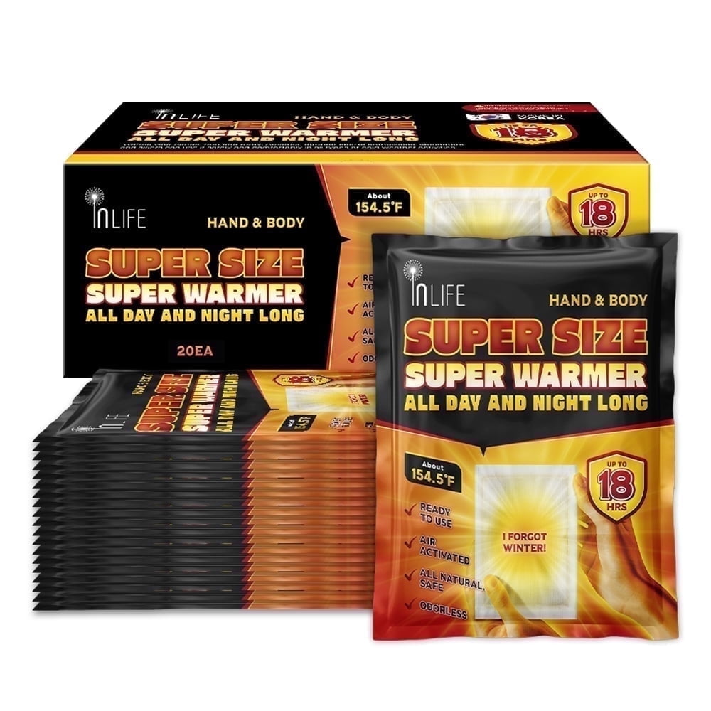 Inlife Super Size Super Warmer for Hands and Body, Heating Wider Area, Air-Activated, Consistently Long Last for 18 Hours, Odorless, 20 Packs