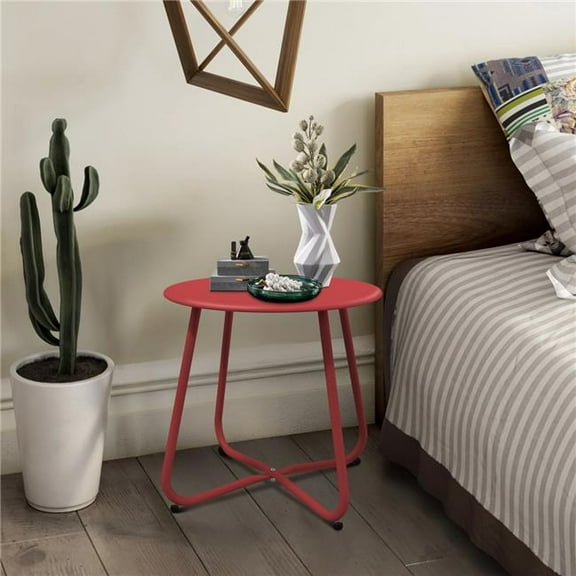 InQrands D45KC-RD Outdoor Side Table, 18'' Small Round Side Table with Adjustable Feet, Red