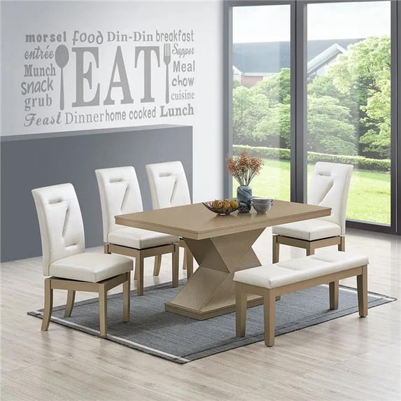 InRoom Furniture D524-BE-WH Dining Bench, White & Gold
