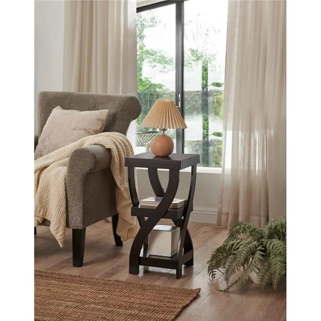 Espresso Finish Wood Square End Table with Curved Legs and Shelves