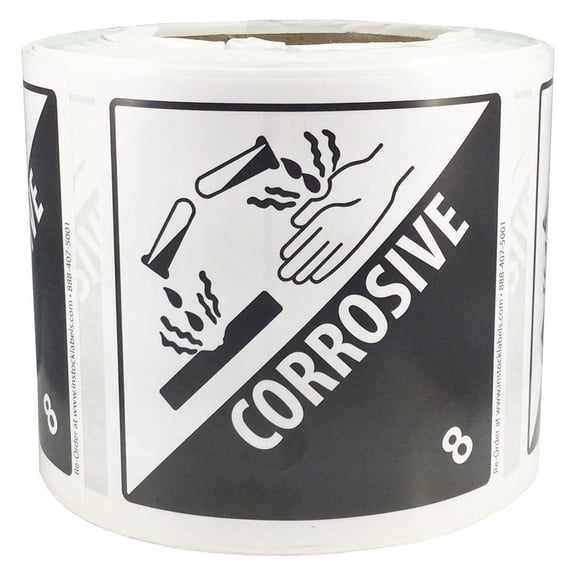 InStockLabels Hazard Class 8 D.O.T. Corrosive Packing Labels, 500 Adhesive Shipping Labels, 4x4 Inch Square Ideal Safety Stickers for Shipping & Handling Corrosive Materials for All Packages