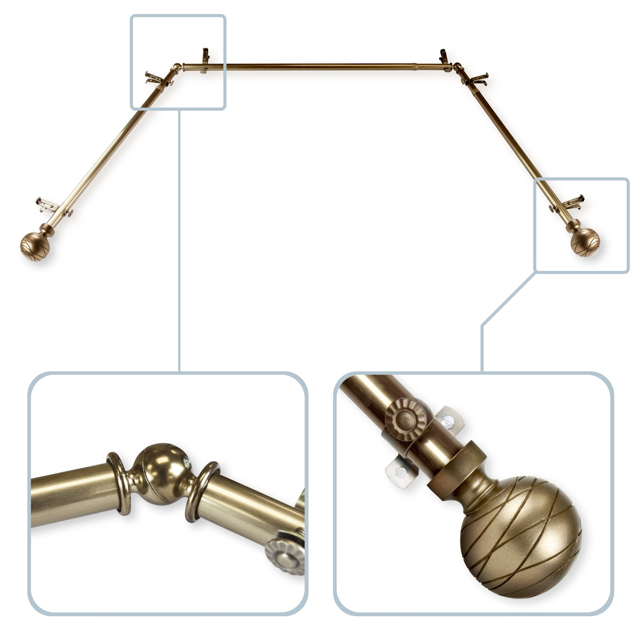 InStyleDesign  Desmond 13/16" Bay Window Curtain Rod - 20-36 inches, 38-72 inches Antique Brass Brass Finish, Antique, Nickel Finish