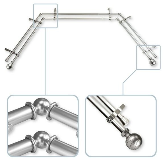 InStyleDesign Desmond 13/16" Bay Window Double Curtain Rod - 20-36 inches, 38-72 inches satin nickel Satin, Nickel Finish, Silver Finish