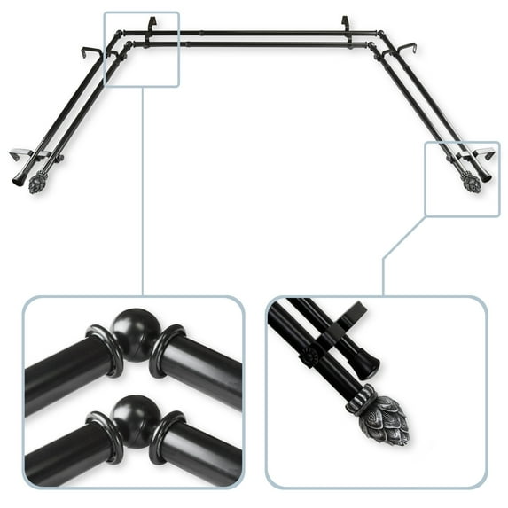 InStyleDesign Lotus 13/16" Double Bay Window Curtain Rod - 20-36 inches, 38-72 inches Black Black Finish, Satin, Nickel Finish