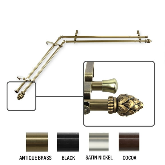 InStyleDesign  Lotus Corner Window Double Curtain Rod 13/16 inch dia. Antique Brass 28-48 inches Brass Finish