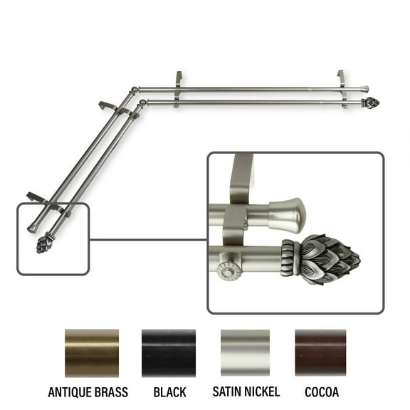 InStyleDesign  Lotus Corner Window Double Curtain Rod 13/16 inch dia. satin nickel 28-48 inches Silver Finish