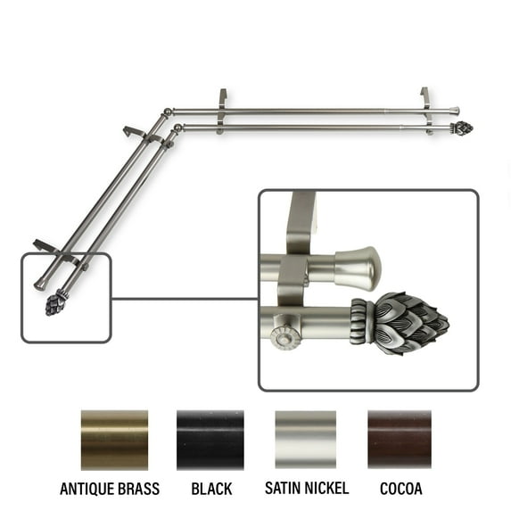 InStyleDesign Lotus Corner Window Double Curtain Rod 13/16 inch dia. satin nickel 48-84 inches Silver Finish