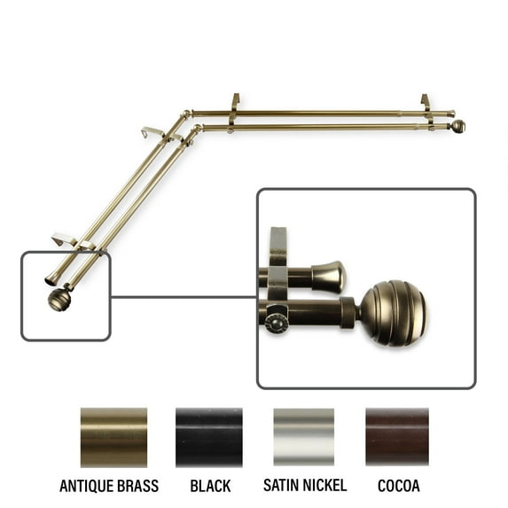 InStyleDesign Piper Corner Window Double Curtain Rod 13/16 inch dia. Antique Brass 120-170 inches Brass Finish