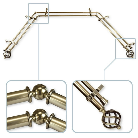 InStyleDesign  Torison 13/16" Double Bay Window  Curtain Rod - 20-36 inches, 38-72 inches Antique Brass Brass Finish, Antique, Nickel Finish