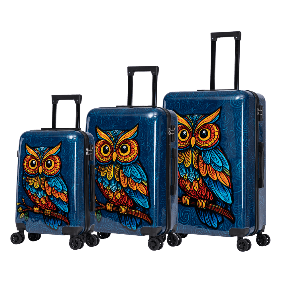 InUSA Owl Print 3 Piece Hardside Spinner Luggage Set 20/24/28in. TSA Lock