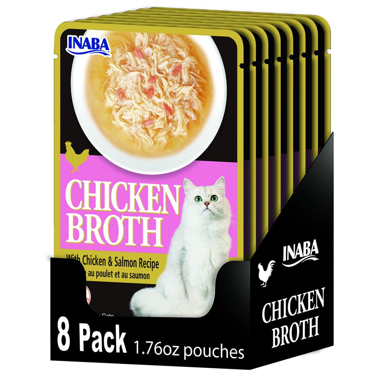 Inaba Chicken Broth Complement/Topper/Treat for Cats, Eight 1.76 oz Pouches, Chicken & Salmon