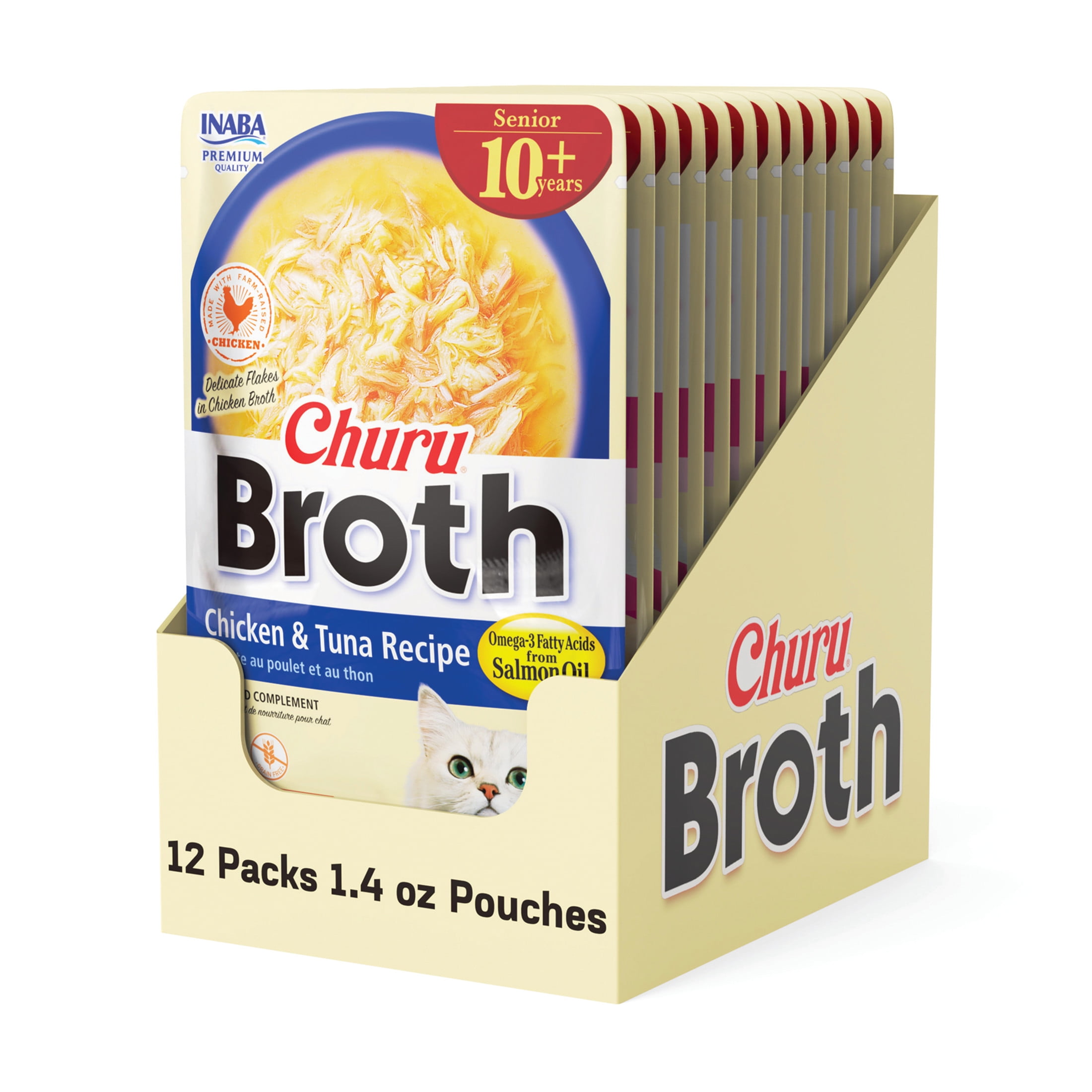 Inaba Churu Broth Senior Lickable Wet Cat Topper, 1.76 oz Pouch, 12 Pouches, Chicken&Tuna