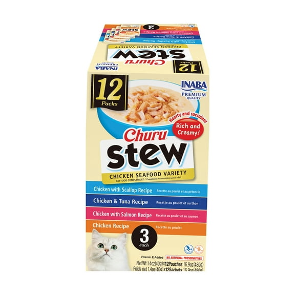 Inaba Churu Stew Lickable Wet Cat Topper, 1.4 oz Pouch, 12 Pouches, Chicken & Seafood Var.