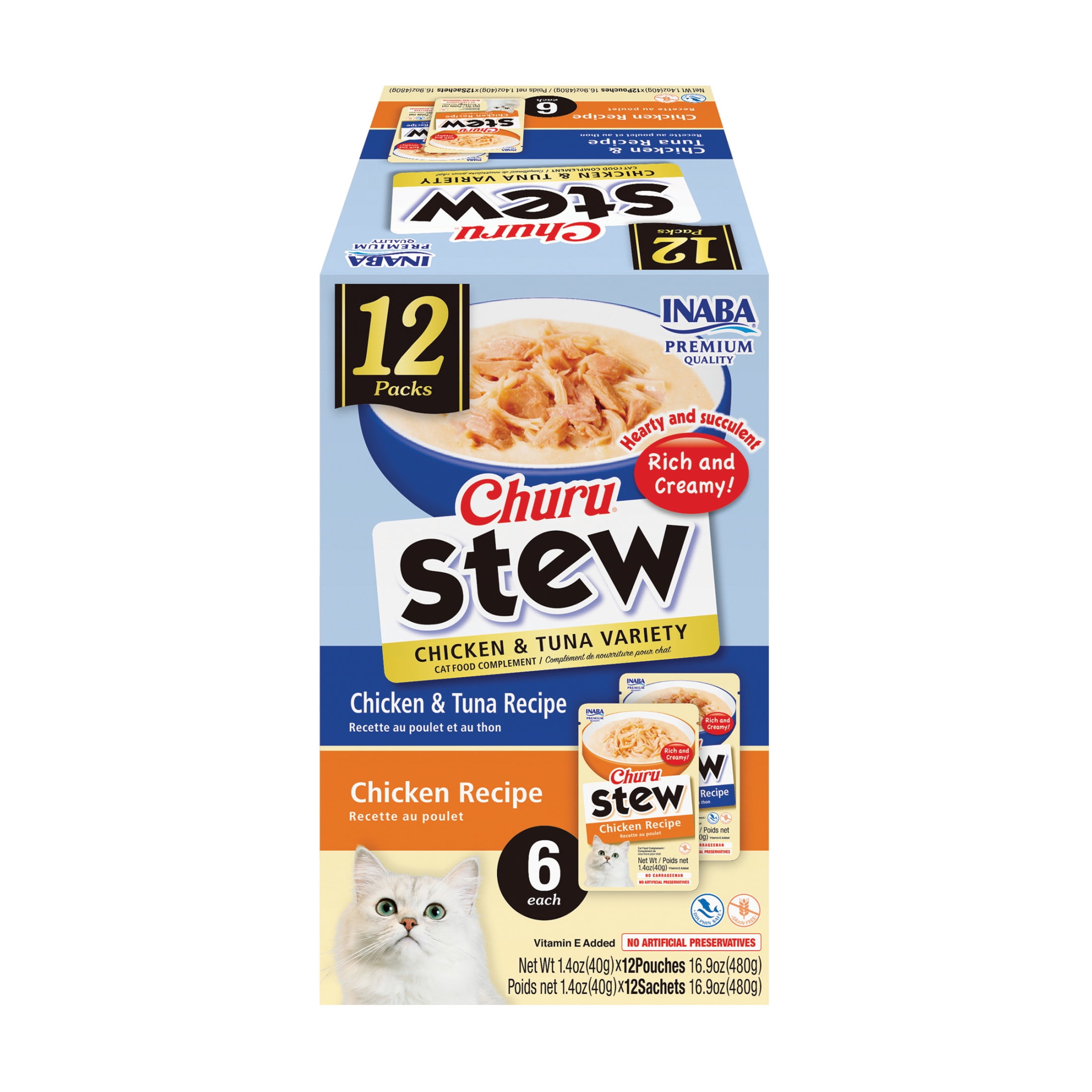 Inaba Churu Stew Lickable Wet Cat Topper, 1.4 oz Pouch, 12 Pouches, Chicken & Tuna Var.