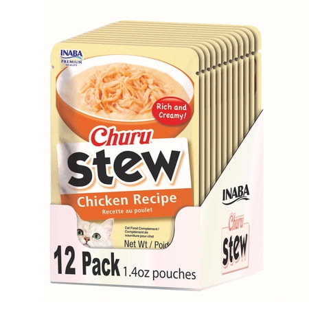 Inaba Churu Stew Lickable Wet Cat Topper, 1.4 oz Pouch, 12 Pouches, Chicken