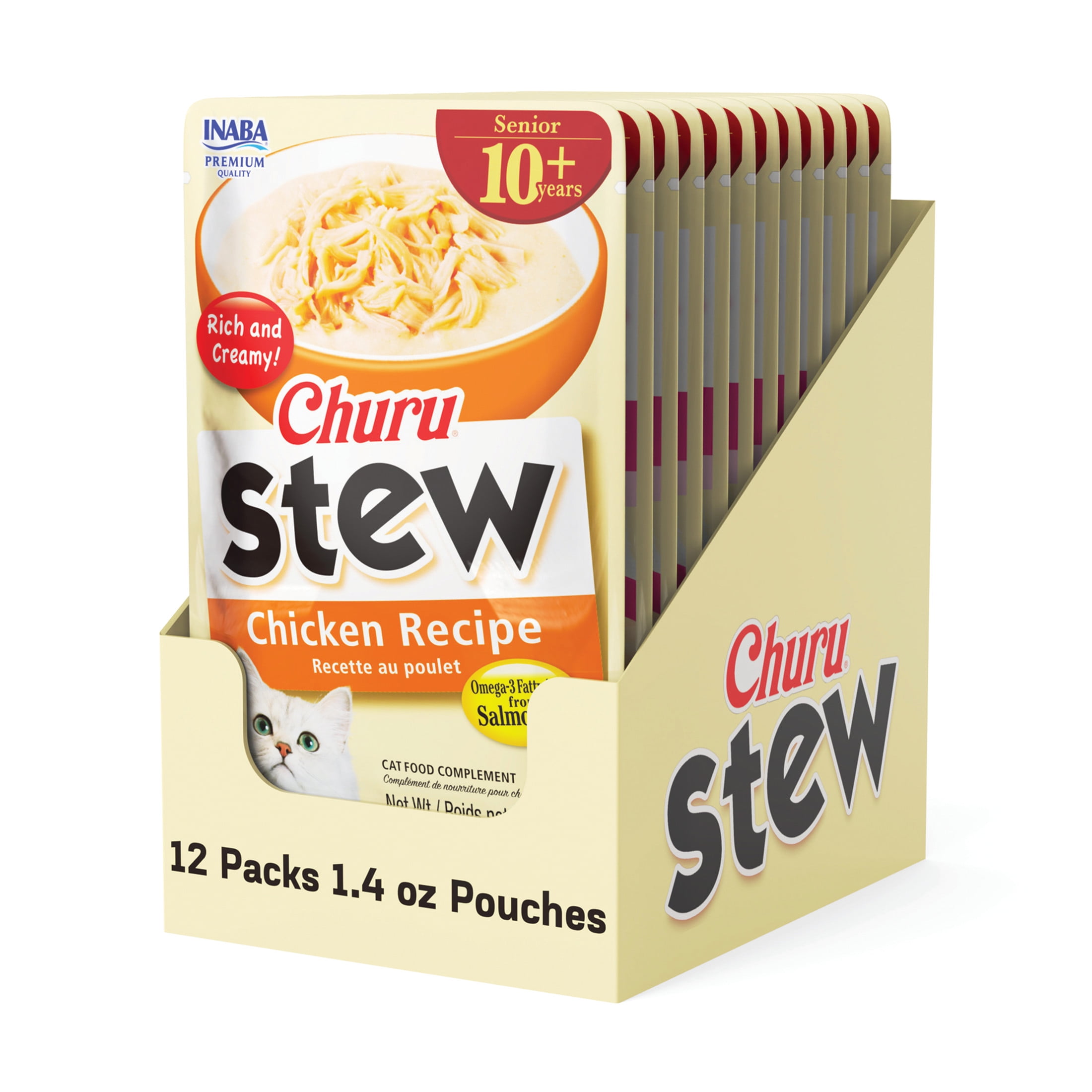 Inaba Churu Stew Senior Lickable Wet Cat Topper, 1.4 oz Pouch, 12 Pouches, Chicken
