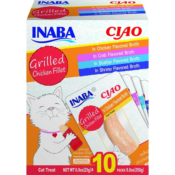 Inaba Ciao Grain-Free Cat Treat, Grilled Chicken Fillet Variety Box, 10 Fillets