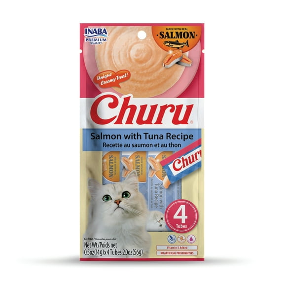 Inaba Salmon Churu Creamy Lickable Pure Cat Treat, 0.5 oz Tube, 32 Tubes, Salmon with Tuna