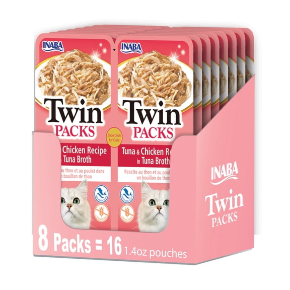 Inaba Twin Packs Cat Treats, Chicken/Topper or Treat, 1.4 Oz/16 Packs, Tuna & Chicken in Tuna Broth