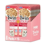 Inaba Twin Packs Cat Treats, Chicken/Topper or Treat, 1.4 Oz/16 Packs, Tuna & Chicken in Tuna Broth