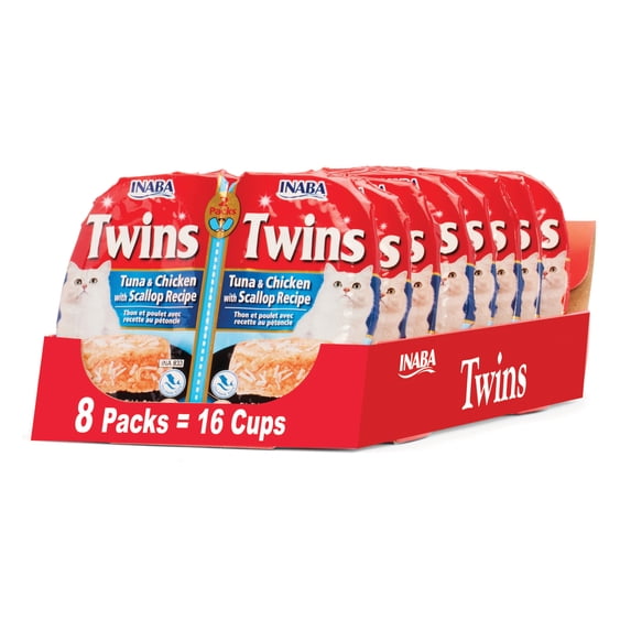 Inaba Twins Wet Cat Topper Cups, 1.23 oz Serving, 16 Servings, Tuna & Chicken with Scallop