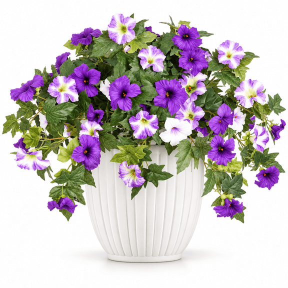 Inadays Artificial Flowers for Outdoors Faux Plants Home Decor 2PCS Spring Faux Petunias Silk Flower UV Resistant No Fade for Home Garden Balcony Yard Porch Realistic Indoor Decor, Purple