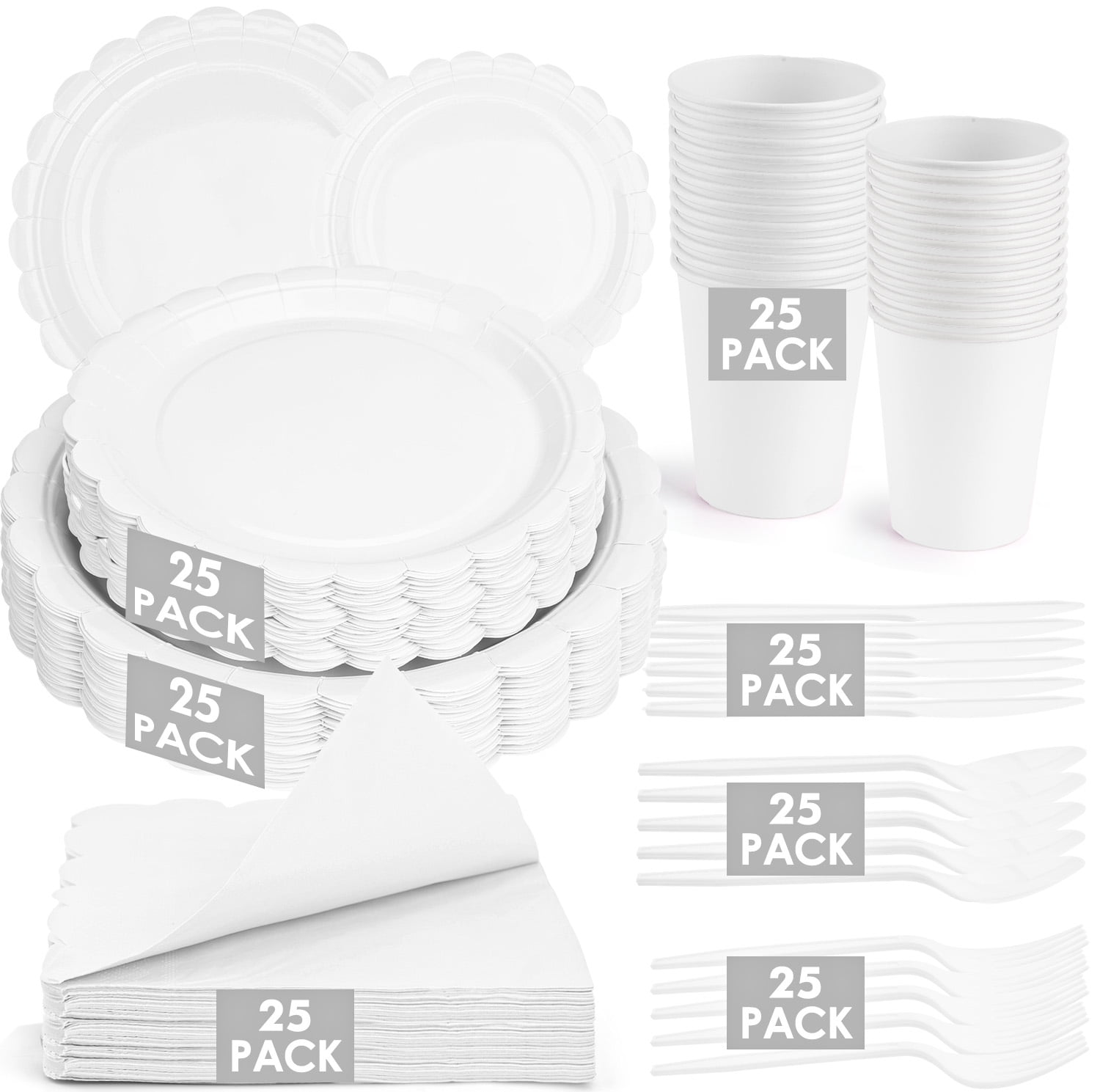 Inadays 175Pcs Disposable Party Supplies Includes Cream White Paper Plates Cup Napkins Forks Spoons Knives, Dinnerware Set for Garden Party Birthday BBQ Baby Shower Wedding, Serve 25 Guests